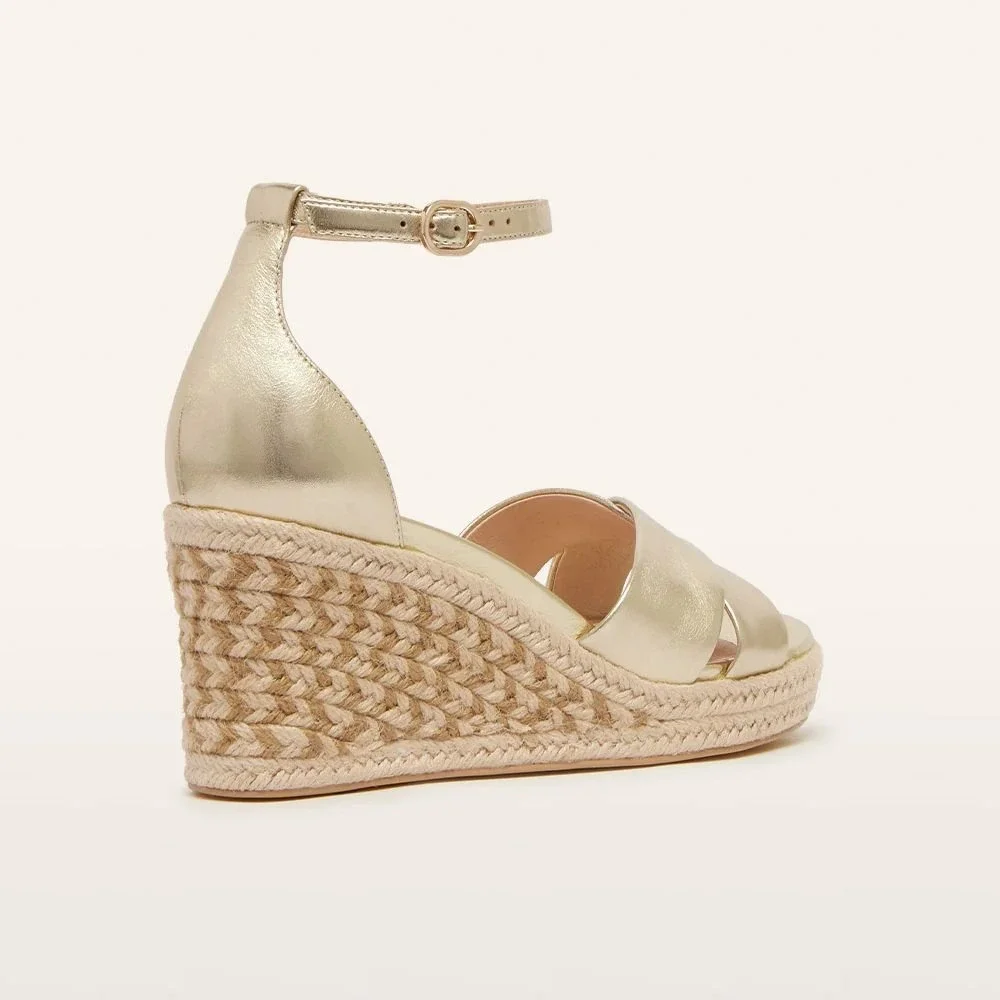 NEW FRANKIE4 Gold Tumbled Baker Wedge Heel Espadrille Leather Comfort Size 7
